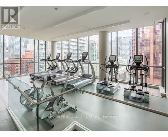 A gym with treadmills and stationary bikes is shown.