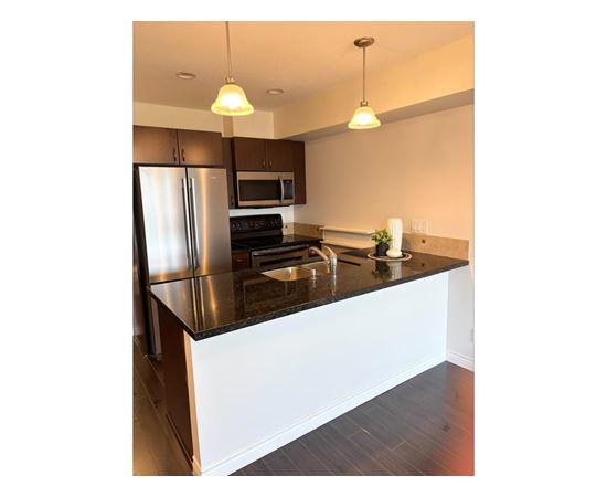 A kitchen with a black countertop and stainless steel appliances.