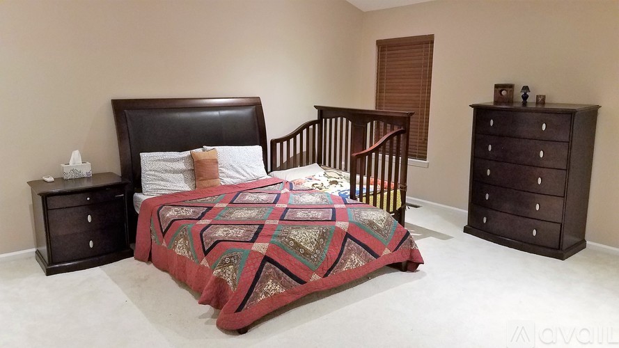 A bedroom with a bed, nightstand, and dresser.