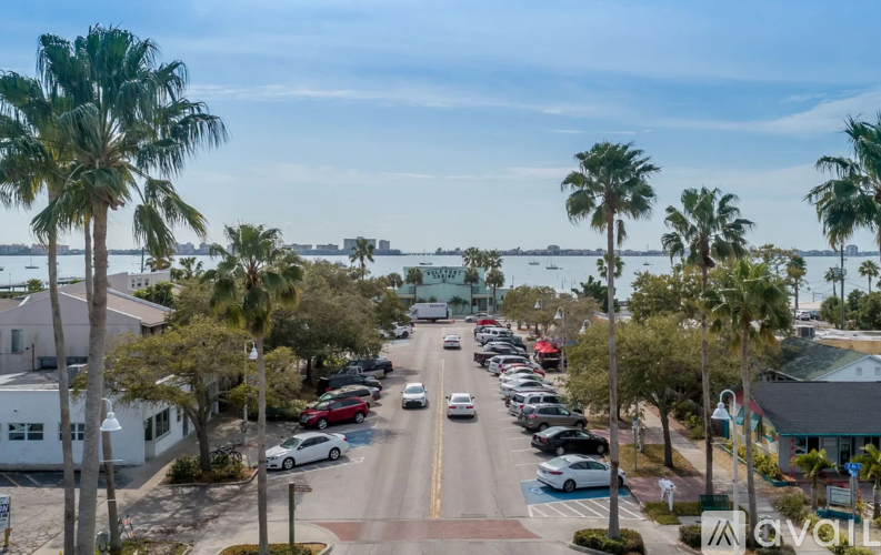 A street with cars parked on the side and palm trees lining the road.