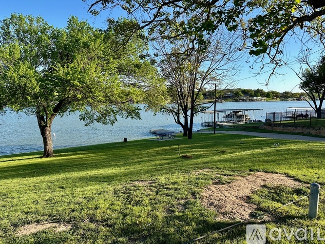 A grassy area with trees and a body of water in the distance.