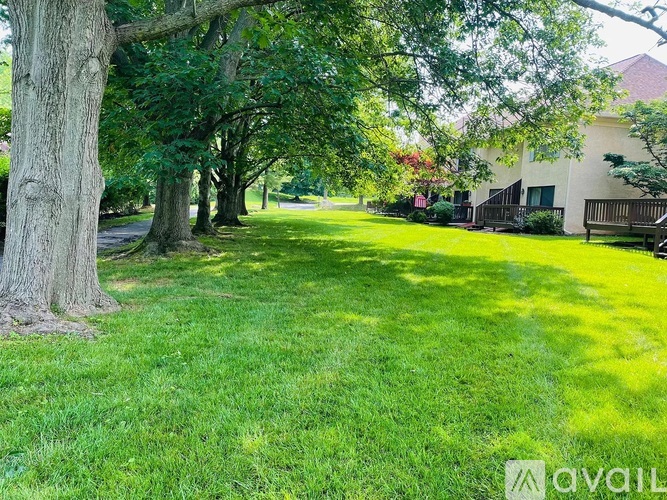 A tree in a grassy area with a house in the background.