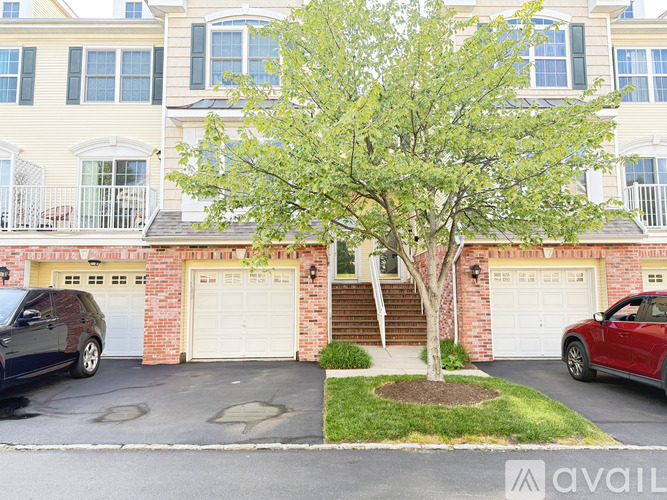 A tree in front of a two-story building with a garage door.