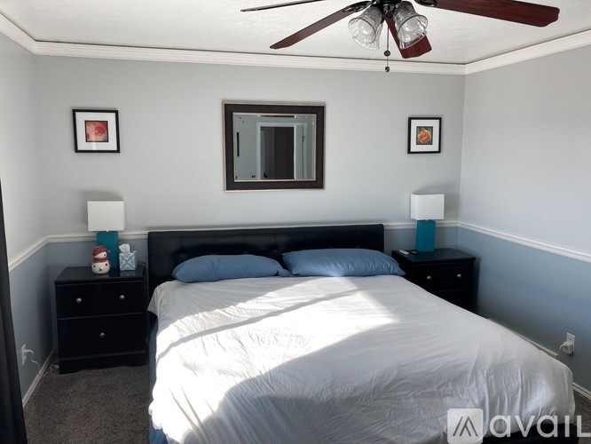 A bedroom with a large bed, a ceiling fan, and two nightstands with lamps.