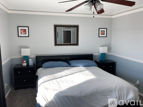 A bedroom with a large bed, a ceiling fan, and two nightstands with lamps.