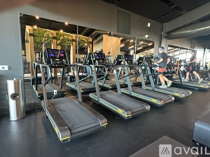 A gym with treadmills and people using them.
