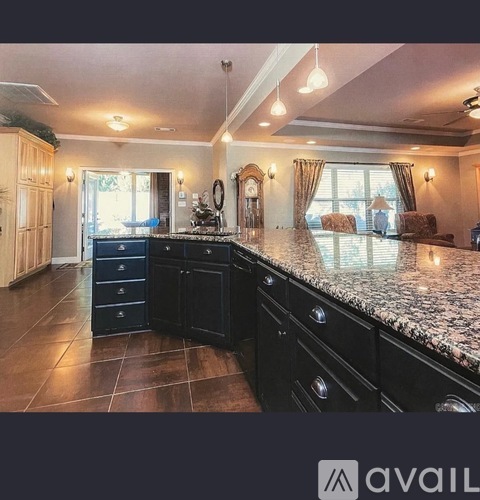 A kitchen with black cabinets and a granite countertop.