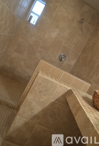 A tiled bathroom with a window and a shower head.