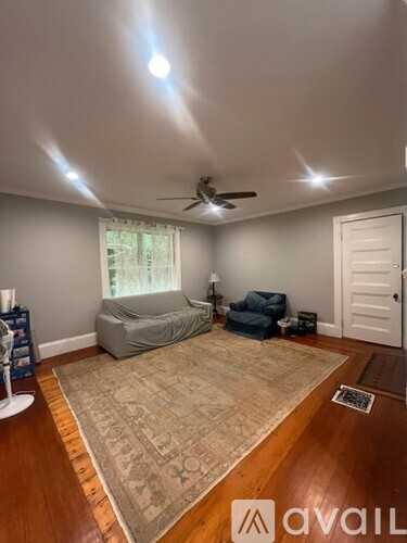A living room with a rug, a sofa, a chair, and a ceiling fan.