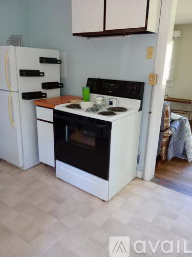 A white kitchen with a black oven and a white fridge.
