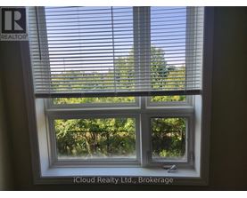 A window with blinds showing a view of trees and sky.
