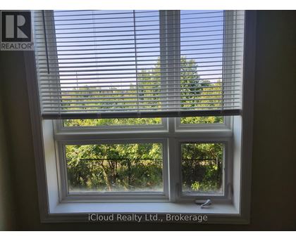 A window with blinds showing a view of trees and sky.