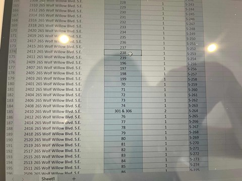 A table with rows of numbers and letters, mostly S and E, with a highlighted cell at 2413 265 Wolf Willow Blvd, S.E.