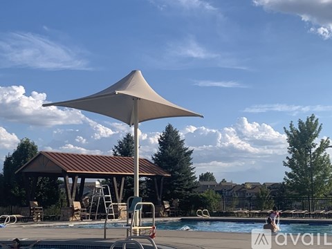 A large umbrella is shading a pool area.
