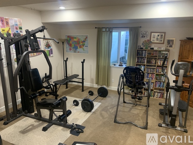 A home gym with a variety of equipment including a squat rack, bench, dumbbells, and a weight plate.