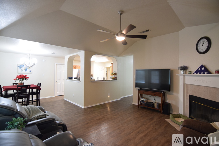A living room with a fireplace and a television.