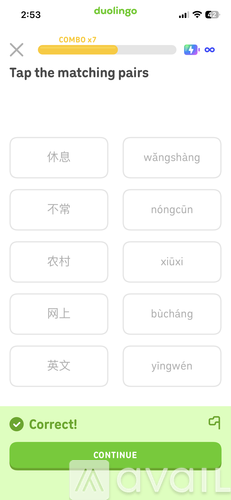 A screenshot of a language learning app with a list of Chinese characters and their pinyin transliterations.
