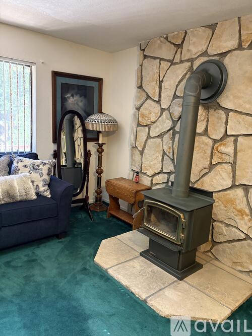 A wood stove is in a living room with a blue couch and a painting on the wall.