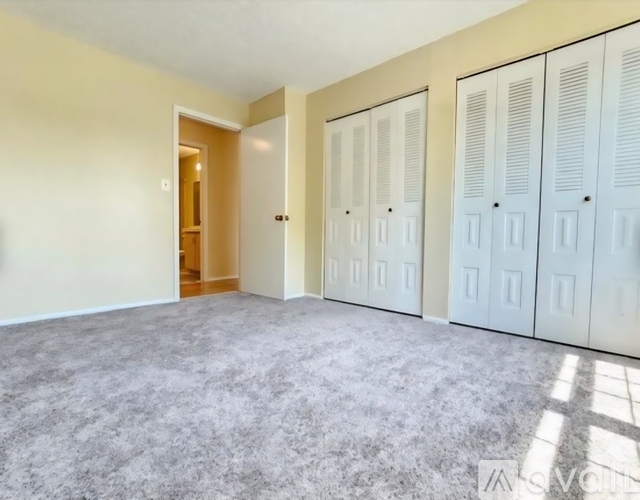 A room with a carpeted floor and white cupboards.