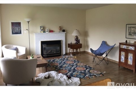 A living room with a fireplace, chairs, and a rug.