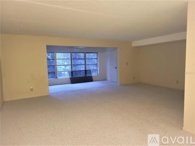 A spacious room with a large window and carpeted floor.