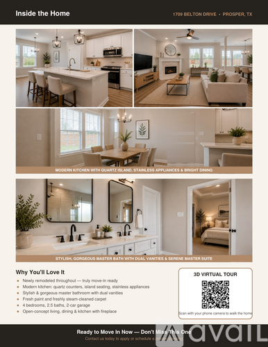 A real estate listing for a home at 1709 Belton Drive in Prosper, TX, showcasing a modern kitchen, stylish master bath, and a living area with a couch and a coffee table.