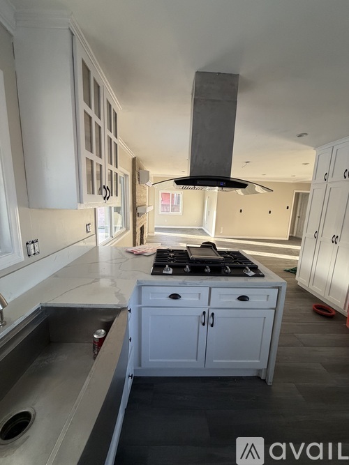 A kitchen with a stove top oven and a range hood.