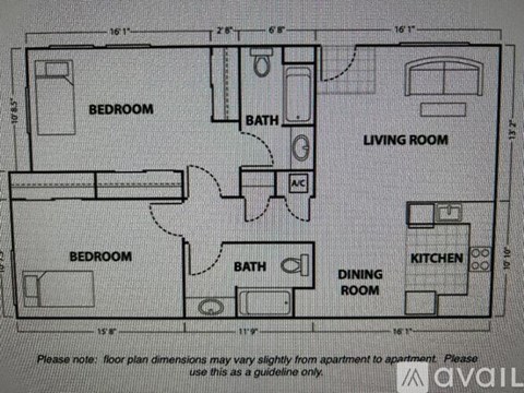 A floor plan of an apartment with a living room, two bedrooms, a kitchen, a dining room, and a bathroom.