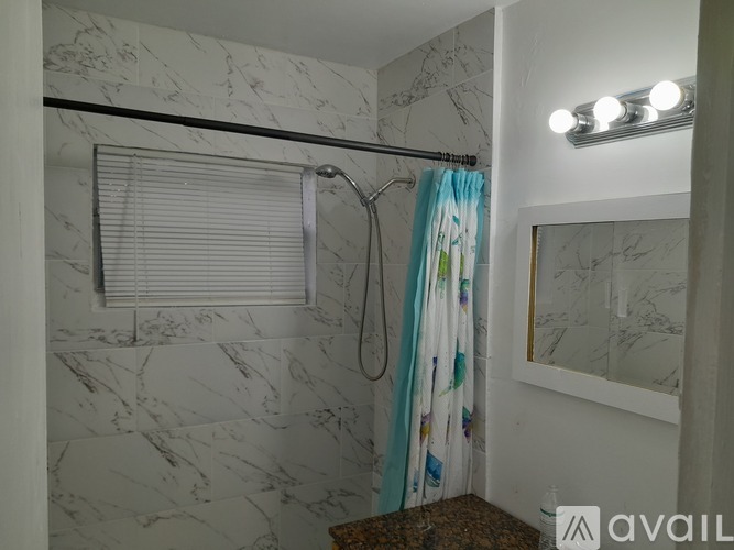 A bathroom with a marble wall and a shower curtain.