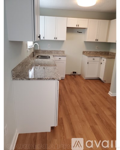 A kitchen with white cabinets and a granite countertop.