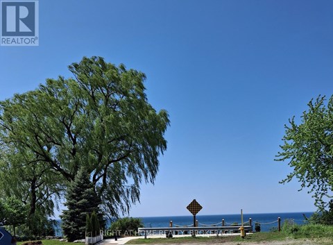 A sign in the middle of a grassy area with trees and a body of water in the background.