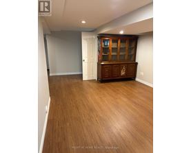 A room with wooden flooring and a cabinet with glass doors.