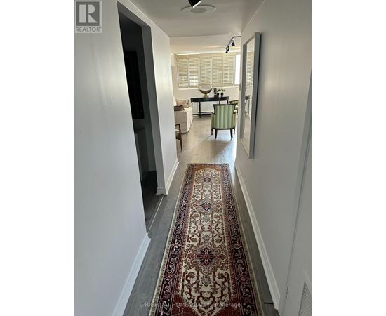 A hallway with a rug on the floor and a living room in the background.