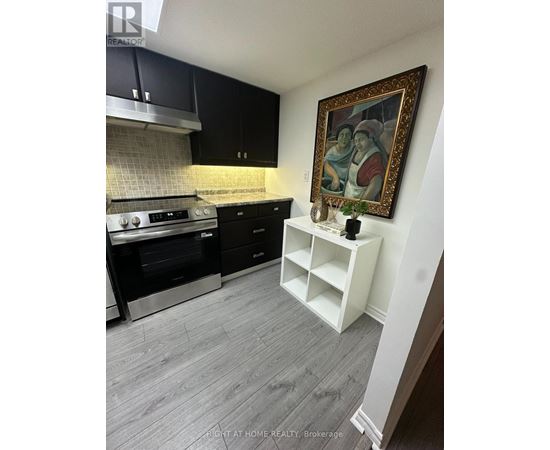 A kitchen with black cabinets and a framed painting on the wall.