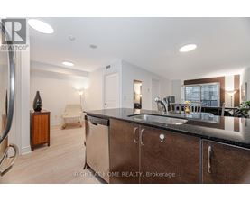 A modern kitchen with dark brown cabinets and a black countertop.