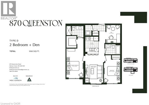 A floor plan for a 2 bedroom and den apartment sits on Queenston Road.