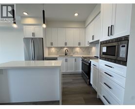 A modern kitchen with white cabinets and stainless steel appliances.