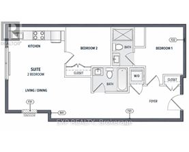 A floor plan of a house with two bedrooms, a living room, a kitchen, a bathroom, a foyer, and a suite.