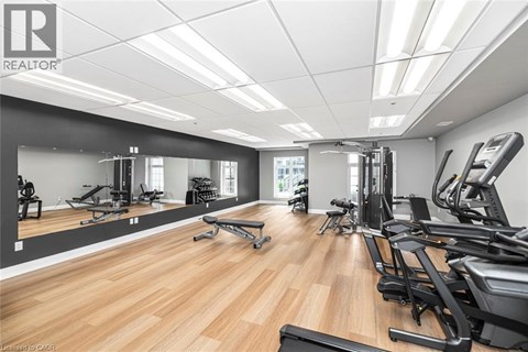 A gym with a variety of equipment including treadmills, weights, and exercise machines.