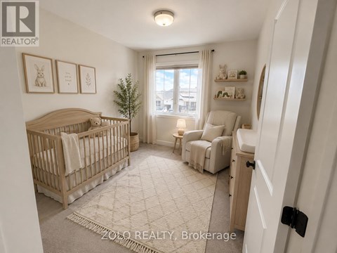 A well-lit nursery room with a crib, a chair, and a small tree.