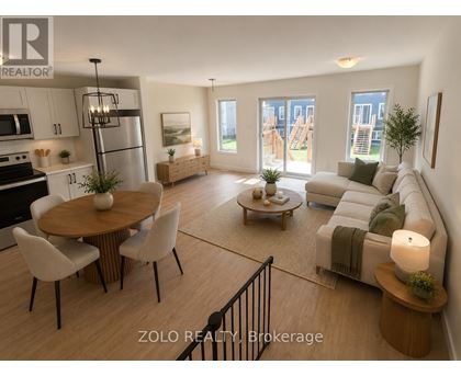 A modern living room with a dining table and chairs.