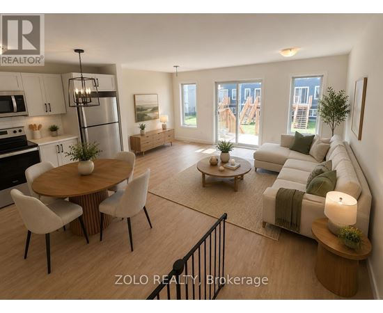 A modern living room with a dining table and chairs.
