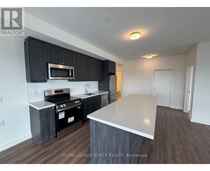 A kitchen with black cabinets and stainless steel appliances.