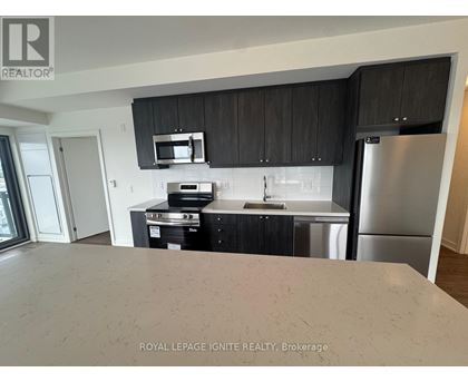 A kitchen with black cabinets and stainless steel appliances.