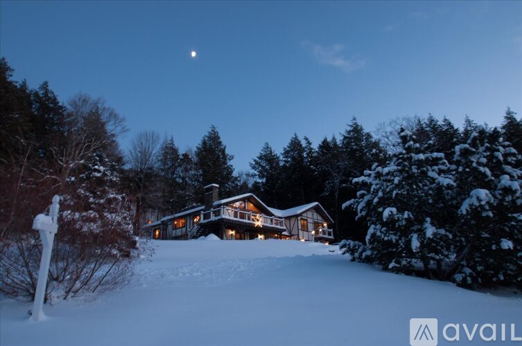 A house is surrounded by snow and trees with a moon in the sky.