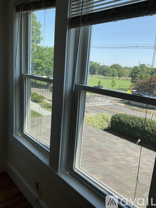 A window with a view of a parking lot and trees.