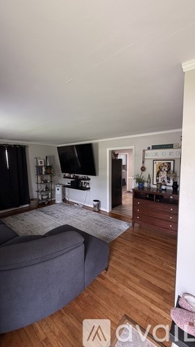 A living room with a grey couch and a wooden floor.