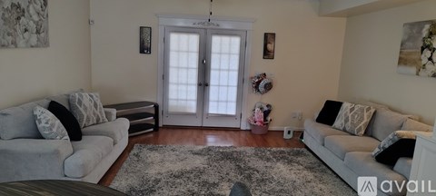 A living room with a grey couch and a rug.