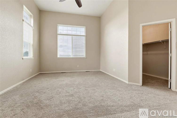 A room with a carpeted floor, a ceiling fan, and a window with blinds.
