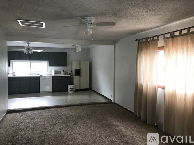 A room with a carpeted floor, a ceiling fan, and a window with curtains.